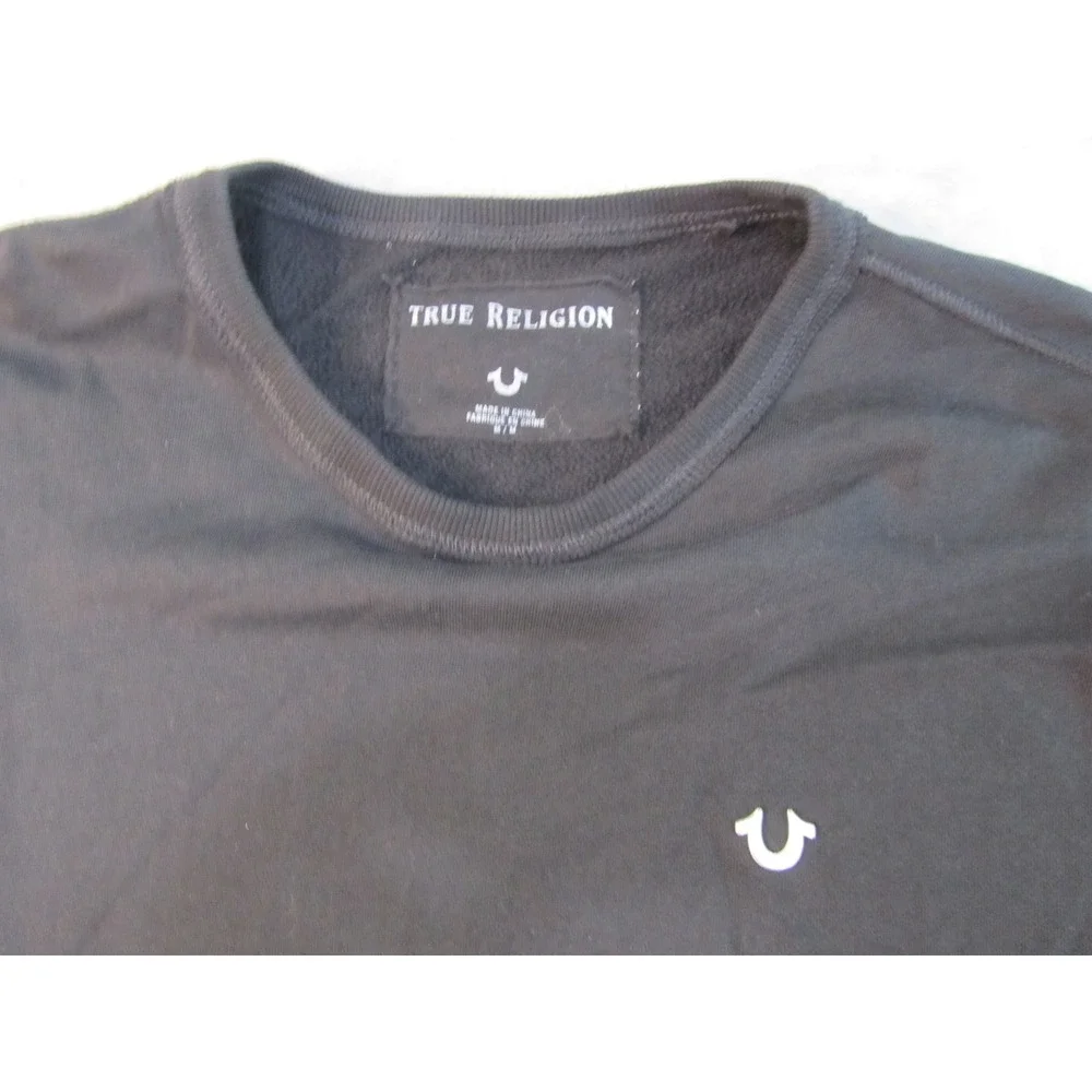 True Religion Mens Black Short Sleeve Fleece Sweatshirt Side Zip Logo Medium